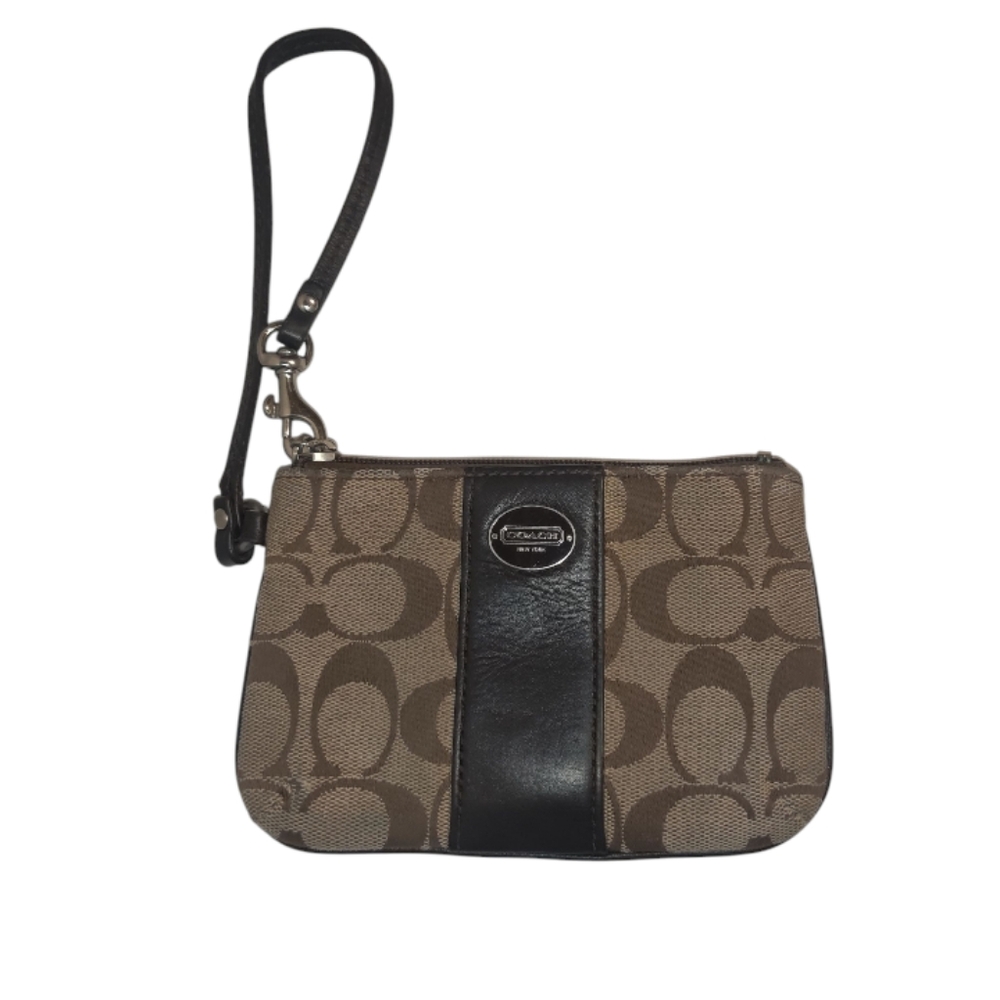 Coach Signature Monogram Canvas Small Corner Zip Wristlet.